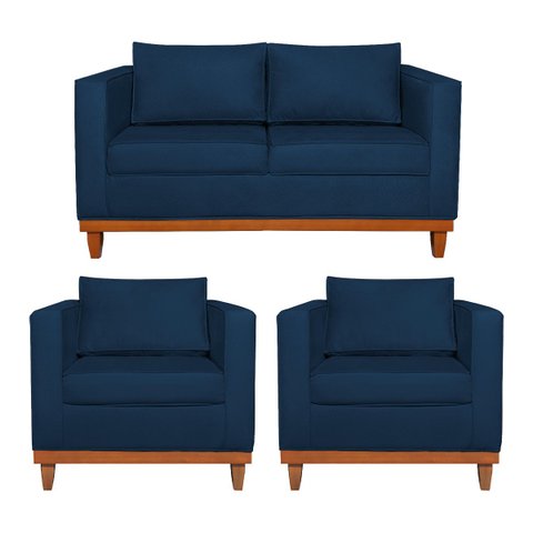Kit Sofá 3 Lugares e 2 Poltronas Europa 180 cm Estilo Conforto e Elegância Suede Azul Marinho - ADJ 