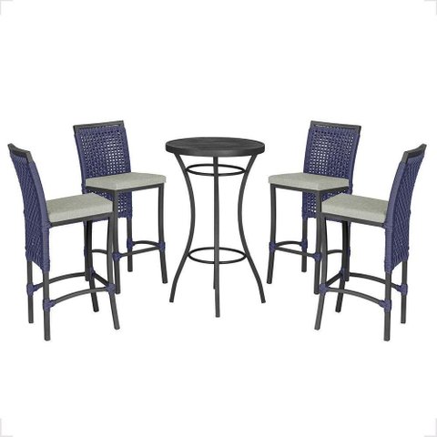 Mesa Bistrô com 4 Banquetas Roma Preta Corda Náutica 3 Trama Azul