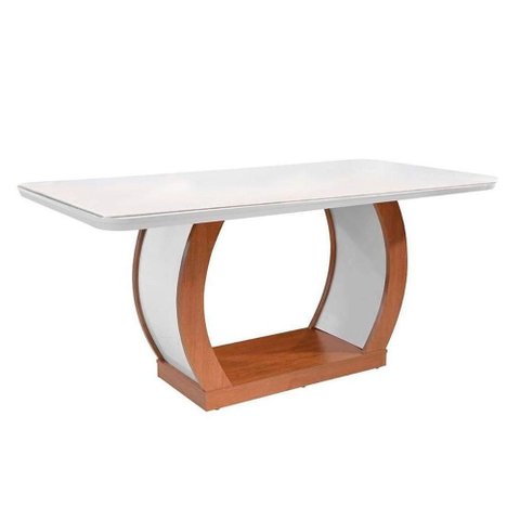 Conjunto: Mesa de Cozinha Jade Tampo Madeirado C/ Vidro Canto Curvo 180x90 e 6 Cadeiras Imperatriz