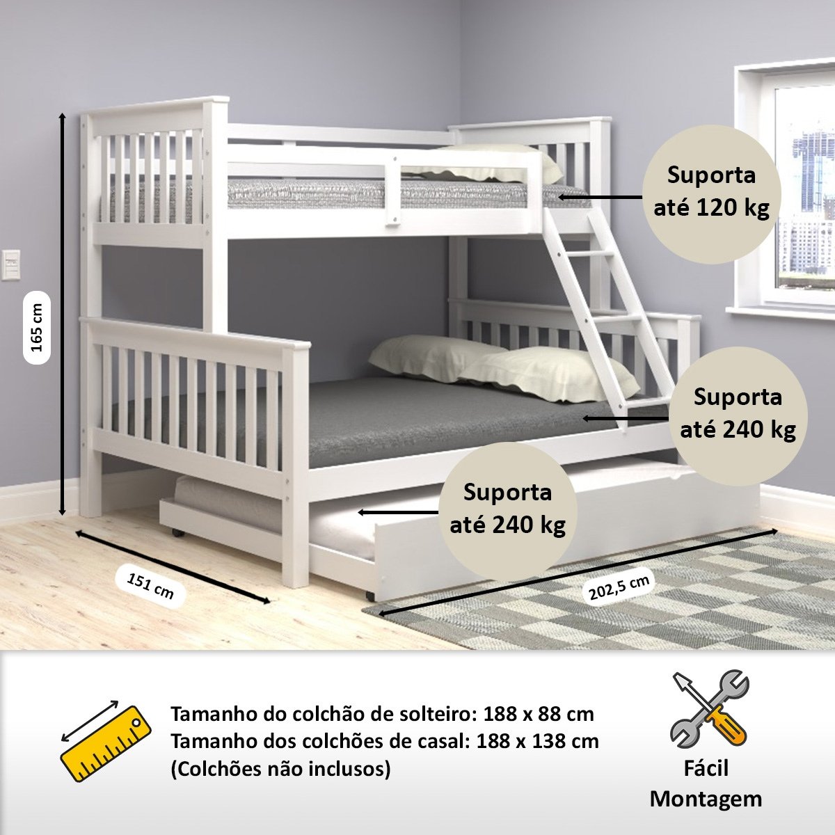 Beliche Woodstore Casal Solteiro de Madeira + Cama Aux Casal - 3