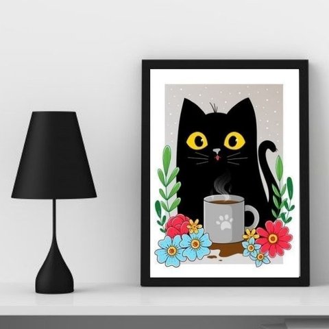 Quadro Decorativo Gato com Caneca de café 24x18cm - com Vidro:madeira Branca