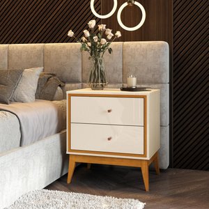 Mesa de Cabeceira com 2 Gavetas Pés em Madeira Maciça 58cm Arruna