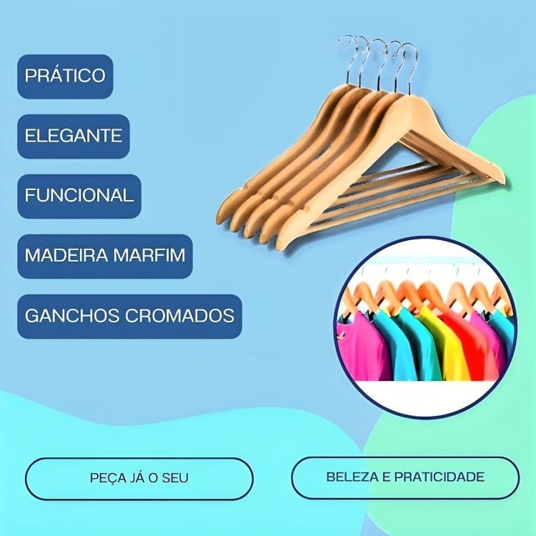 Kit 6 Cabides Madeira Marfim Envernizado Gancho Cromado Cava Organizador Roupas Adulto Calça Vestido - 3