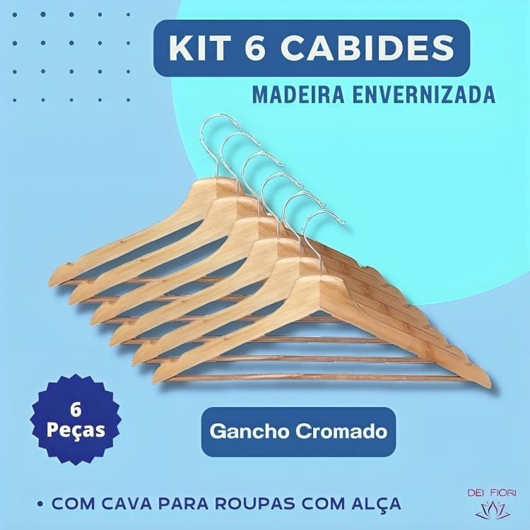 Kit 6 Cabides Madeira Marfim Envernizado Gancho Cromado Cava Organizador Roupas Adulto Calça Vestido - 2