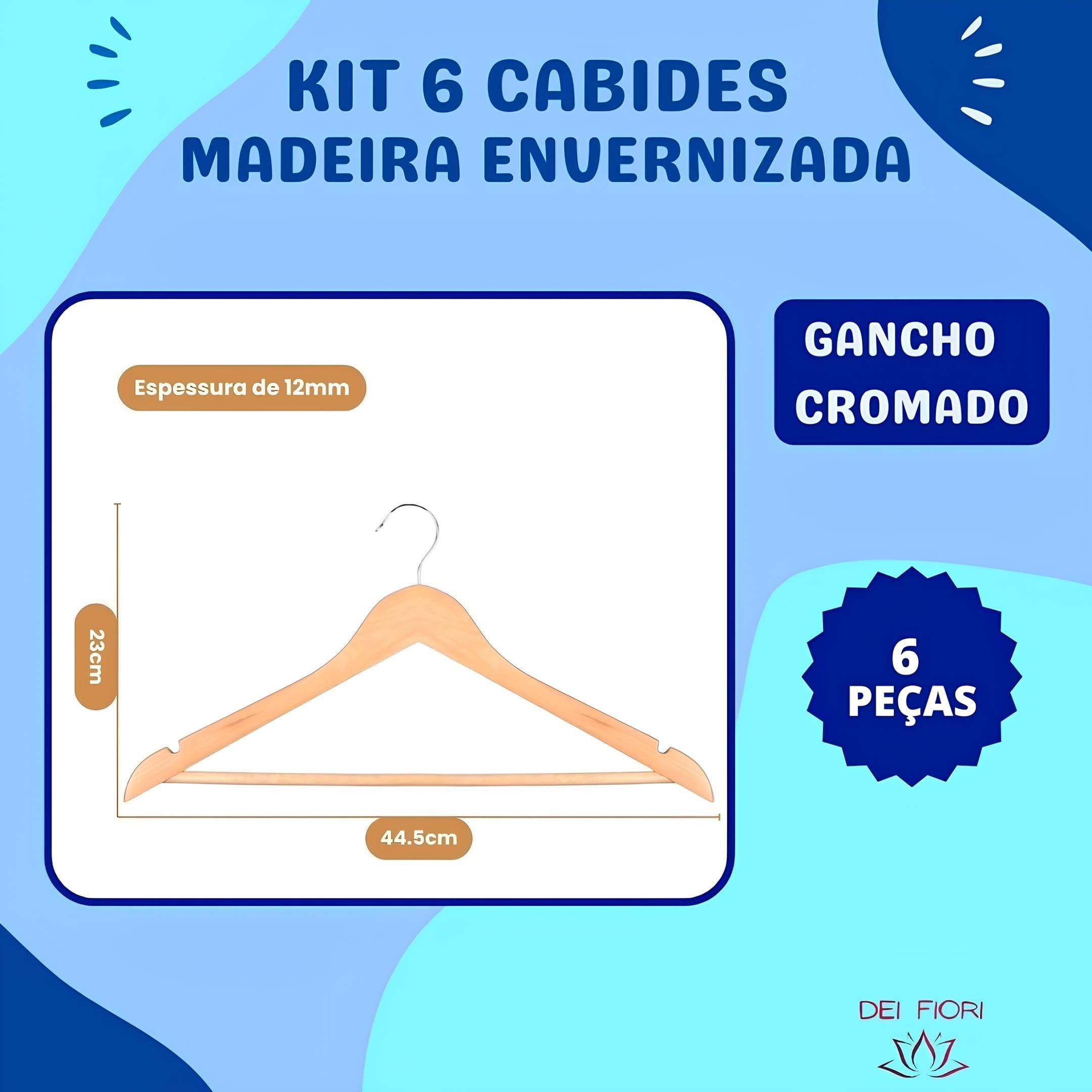 Kit 6 Cabides Madeira Marfim Envernizado Gancho Cromado Cava Organizador Roupas Adulto Calça Vestido - 5