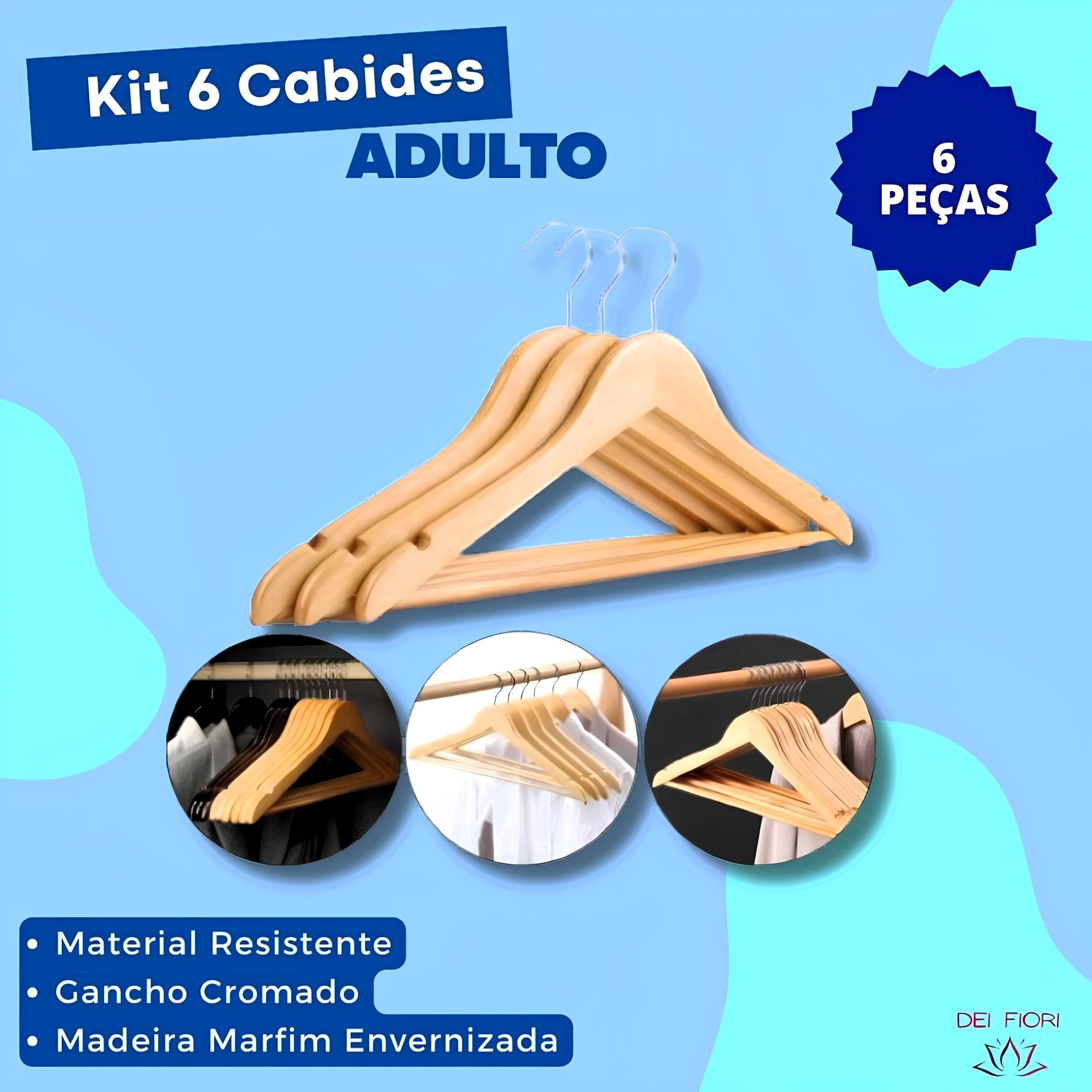 Kit 6 Cabides Madeira Marfim Envernizado Gancho Cromado Cava Organizador Roupas Adulto Calça Vestido - 8