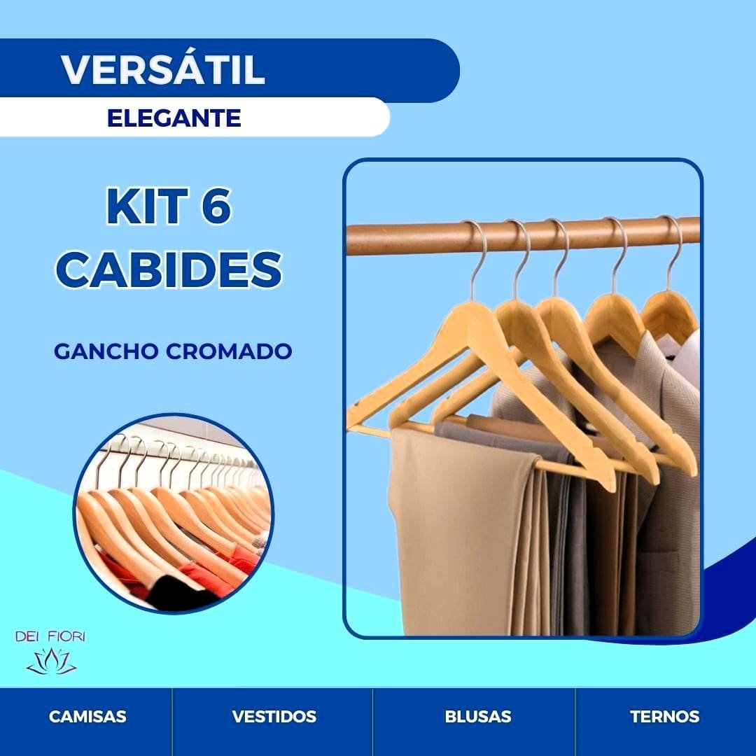 Kit 6 Cabides Madeira Marfim Envernizado Gancho Cromado Cava Organizador Roupas Adulto Calça Vestido - 6