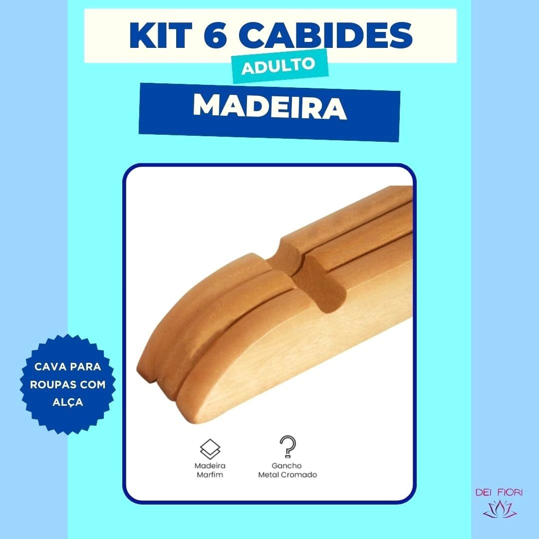 Kit 6 Cabides Madeira Marfim Envernizado Gancho Cromado Cava Organizador Roupas Adulto Calça Vestido - 4