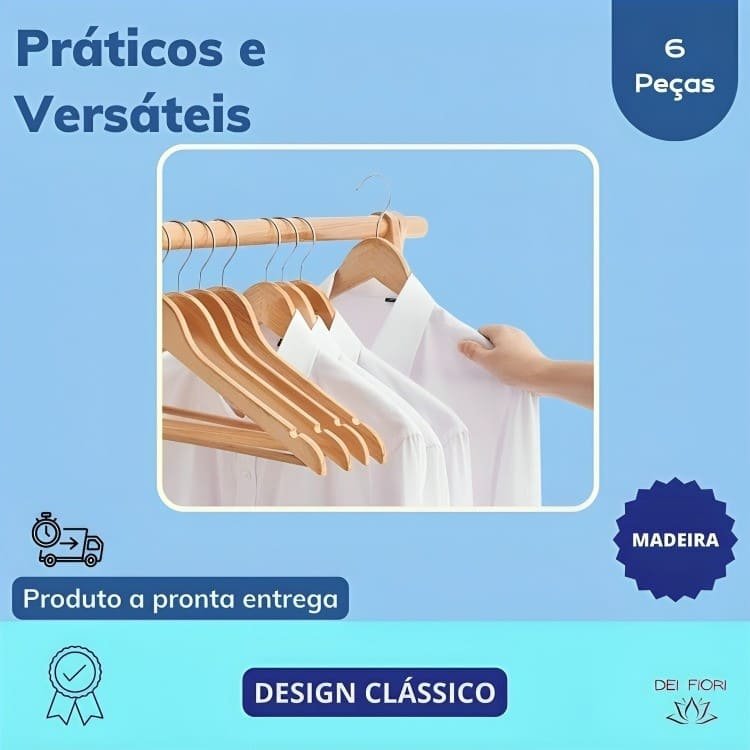 Kit 6 Cabides Madeira Marfim Envernizado Gancho Cromado Cava Organizador Roupas Adulto Calça Vestido - 7