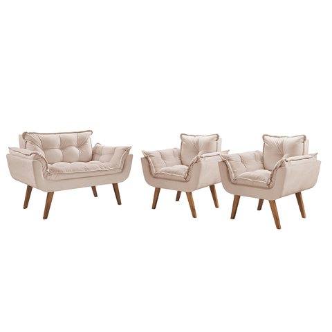 Conjunto Poltronas Decorativas Opalla 1 Namoradeira e 2 Poltronas de 1 Lugar Pés em Madeira D Salla 
