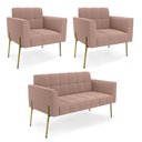 Ver imagem 1 de Namoradeira e 2 Poltronas Pé de Ferro Dourado Elisa Bouclê Rosê D03 - D'Rossi