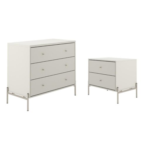 Cômoda 3 Gaveta e Mesa Cabeceira 2 Gaveta Jasper - Off White Fosco com Champanhe