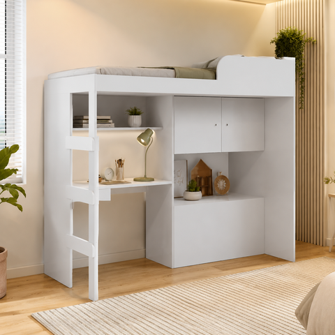 Cama Solteiro com Bau Escrivaninha Mesa de Escritorio Lion Branco - Art In Móveis