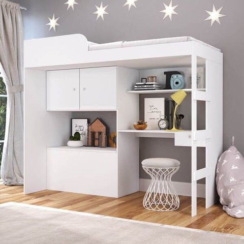Cama Solteiro com Bau Escrivaninha Mesa de Escritorio Lion Branco - Art In Móveis
