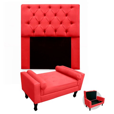 Kit Cabeceira Mirage + Calçadeira Baú Felix Solteiro 90cm Suede - Ecotec Decor:Vermelho