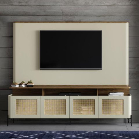 Rack com Painel Porta Sextava 180cm Pés em Metal 100% Mdf Cor:louro e Luna com Preto
