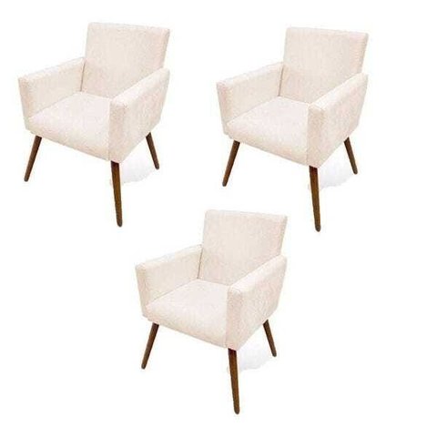 Kit 3 Poltrona Beatriz Pés Palito Imbuia Suede Bege Recepção Sala de Estar Escritório Quarto