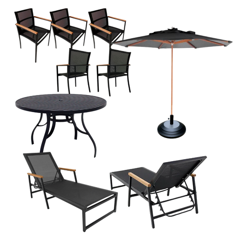 Kit Amélia Móveis Piscina Mesa 5 Cadeiras Área Externa 2 Espreguiçadeiras Aluminio Ombrelone Preto