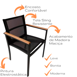 Kit Amélia Móveis Piscina Mesa 5 Cadeiras Área Externa 2 Espreguiçadeiras Aluminio Ombrelone Preto - 4