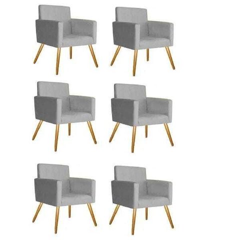 Kit 6 Poltrona Alice Pés Palito Imbuia Suede Cinza Recepção Sala de Estar Escritório Quarto