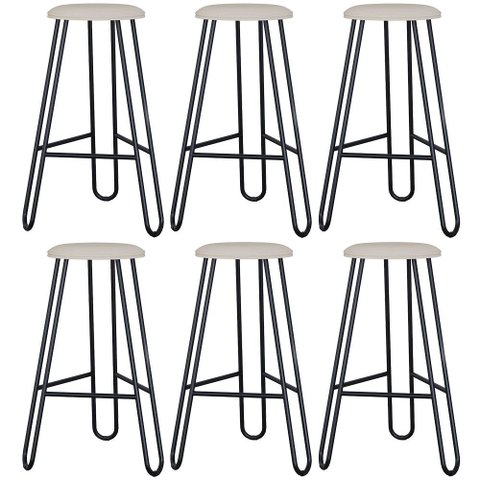 Kit 06 Banquetas Baixa Bar Cozinha Sala de Jantar Áris C01 Preto Linho Areia - Lyam Decor