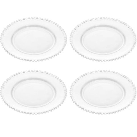 Conjunto 4 Pratos Rasos de Jantar em Cristal Wolff Pearl 28cm Transparente com Borda