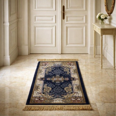 Tapete Persa Royal Azul Marinho 50x100cm Fio Acetinado - Decoração para Quarto e Sala