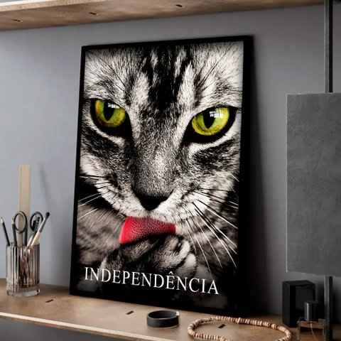 Quadro Decorativo Motivacional Gato com Independência em Moldura Caixa Tacolado Papel de Parede Mold