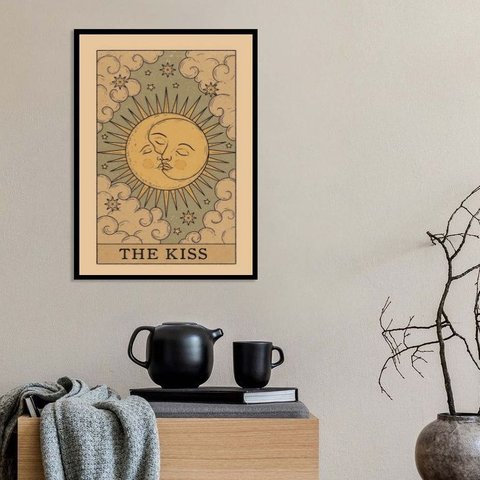 Quadro Carta Tarot The Kiss - Sol e Lua 24x18cm - com Vidro:madeira Preta