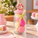 Ver imagem 4 de Pote Vidro Tampa Donut Rosa 300ml Decorativo Laço de Cetim