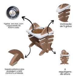 Comedouro Elevado Pet Gato Mdf Espinha de Peixe Regulagem de Altura - Inox - 4