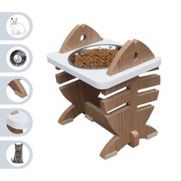 Comedouro Elevado Pet Gato Mdf Espinha de Peixe Regulagem de Altura - Inox - 5