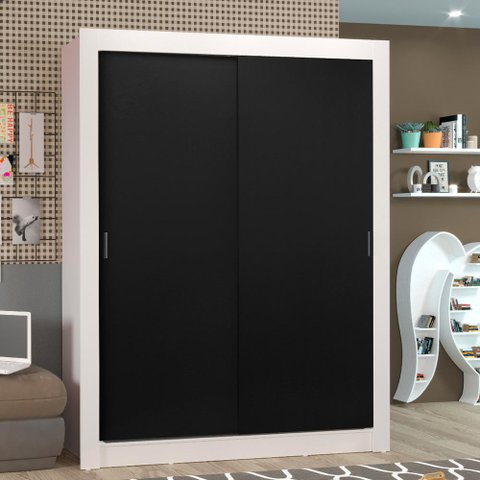 Guarda-Roupa Solteiro Madesa Denver 2 Portas de Correr Branco/Preto Cor:Branco/Preto