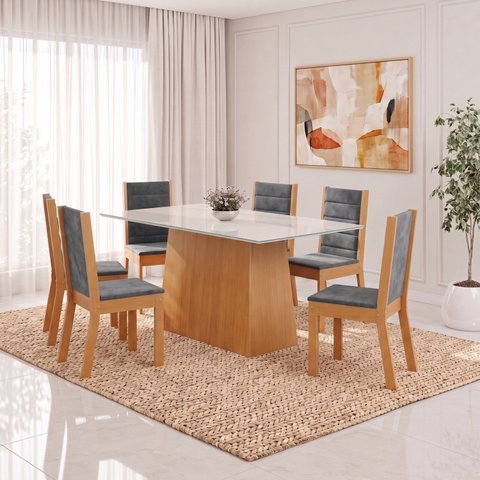 Conjunto Sala de Jantar Mesa Dora 160cm Tampo MDF e Vidro Canto Reto 6 Cadeiras Evelin