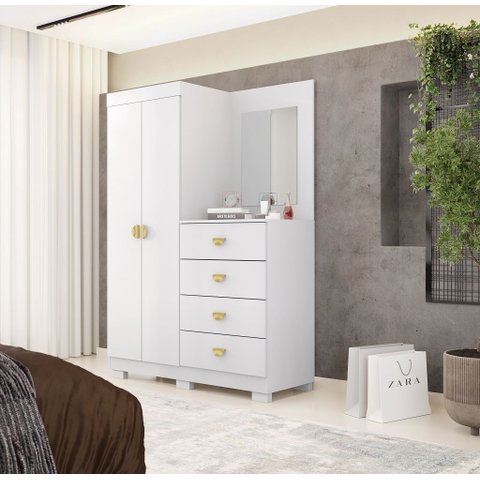 Cômoda Roupeiro Cristal com Espelho para Quarto -  Branco/Camarim Flex Vila Rica