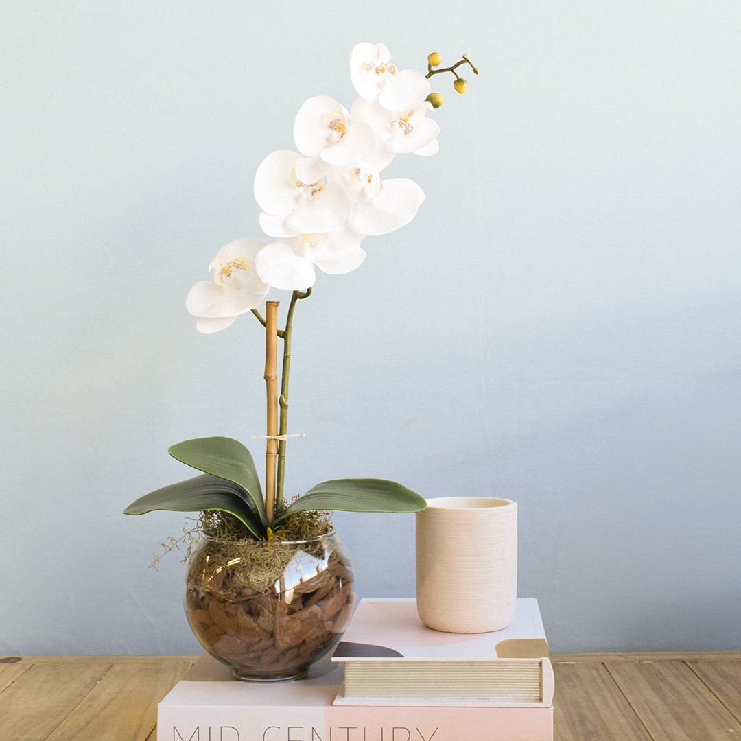 Arranjo Artificial de Orquídea Branca de Silicone No Vaso Transparente | Linha Permanente - 4