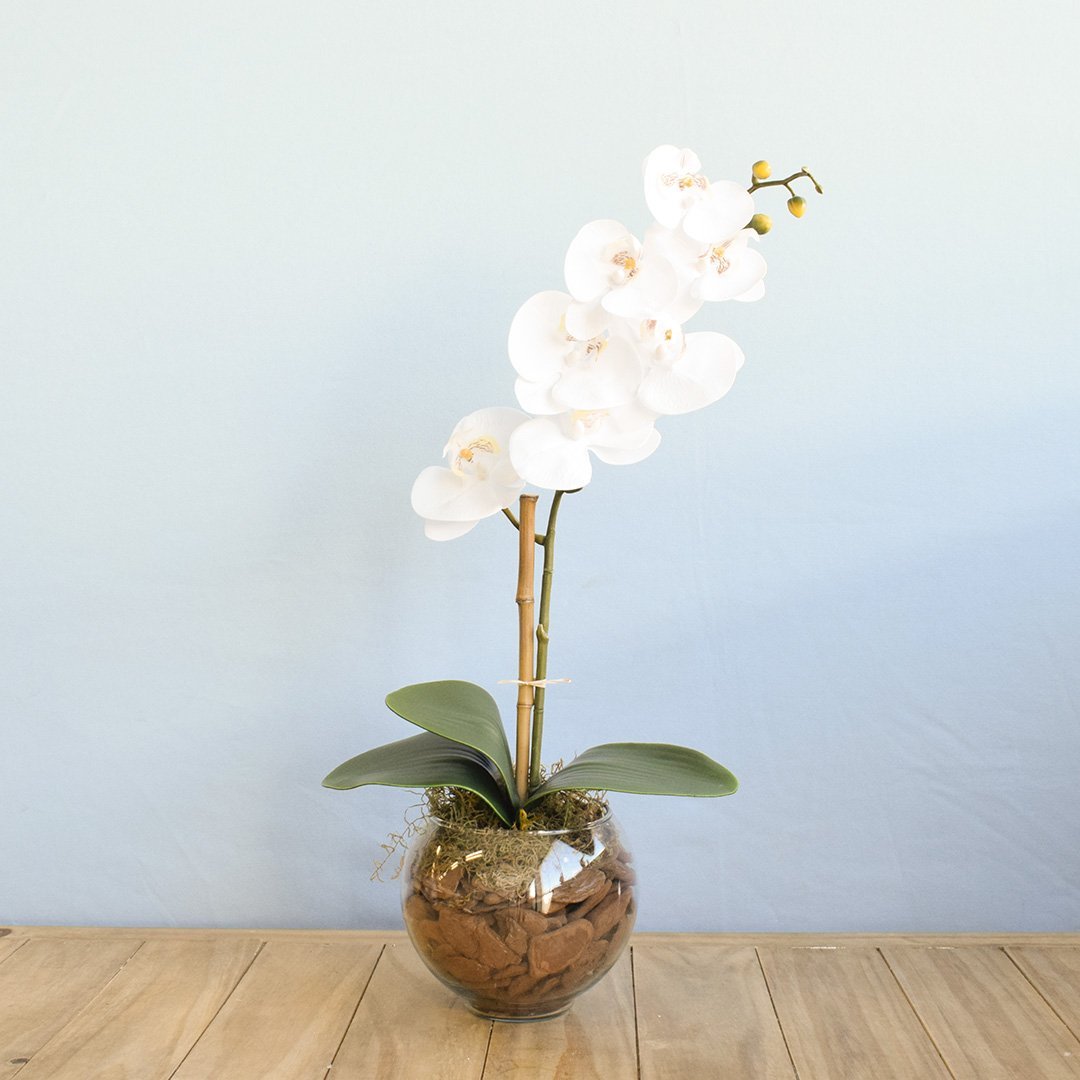 Arranjo Artificial de Orquídea Branca de Silicone No Vaso Transparente | Linha Permanente