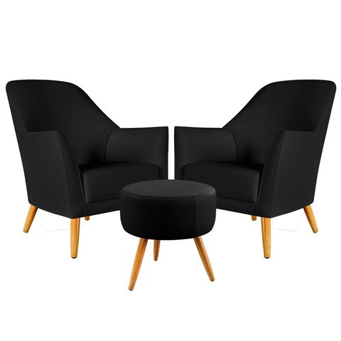 Kit 2 Poltronas Orion com Puff Solar Suede Preto Aradecor