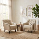 Ver imagem 1 de 02 Poltronas Decorativas em Linho Bege Claro com Tachas e Pés de Madeira Maciça Shaula Harmônica
