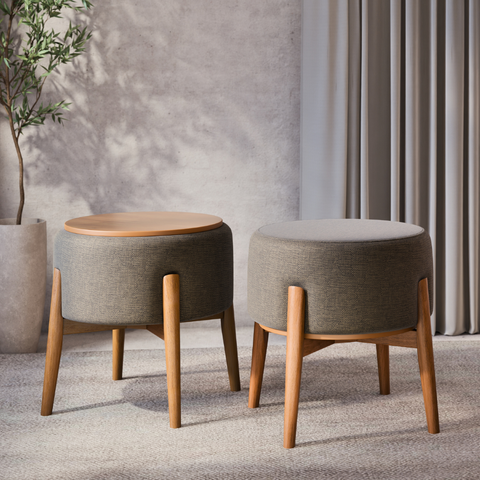 Puff Dual Assento em Linho Premium Palha com Pés Sofisticação e Conforto:chumbo