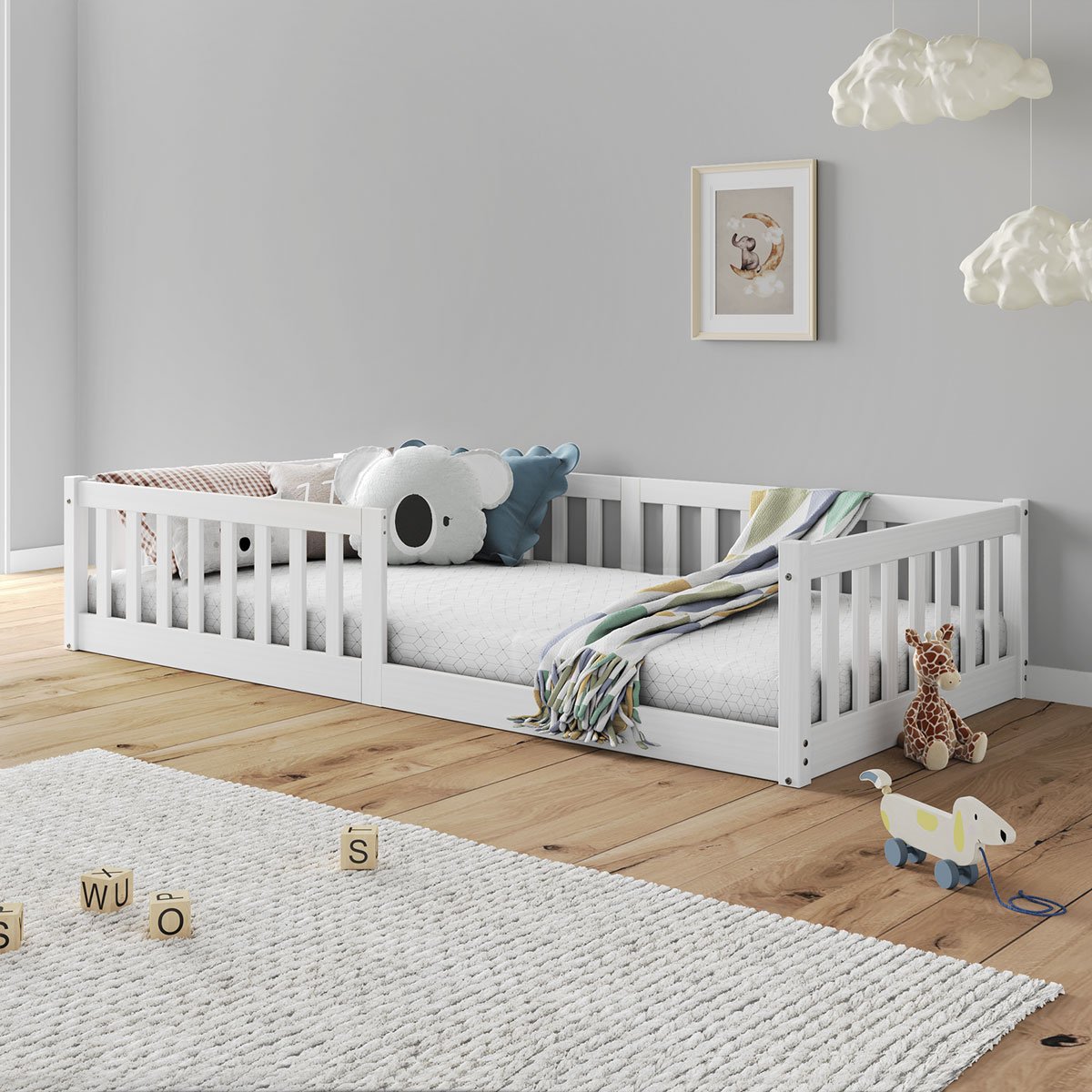 Cama Montessoriana Infantil Branco Grades de Proteção Lateral Gustavo - 4