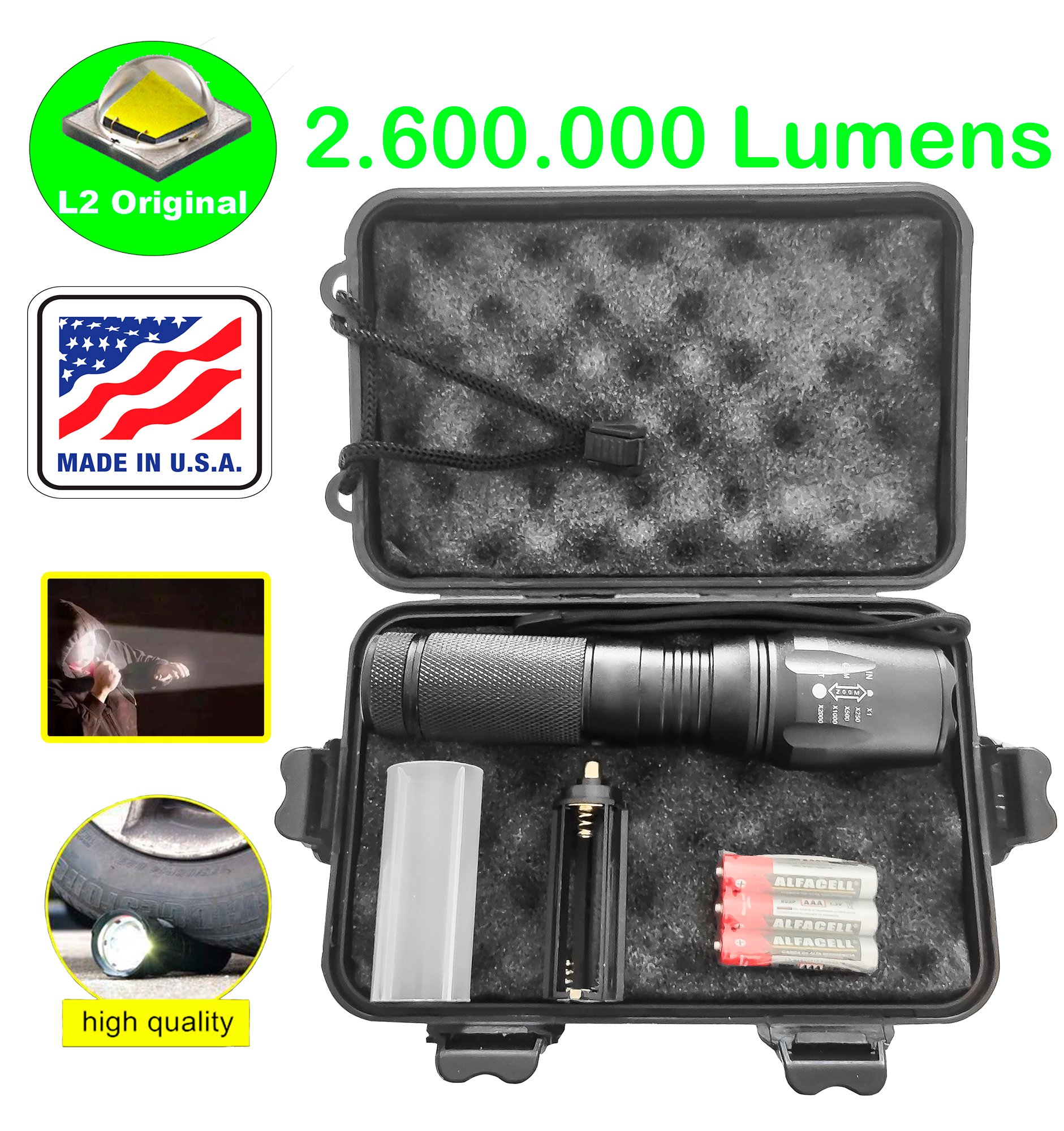 Lanterna Tática LED Original L2 C/ 2.600.000Lumens Na Caixa Recarregável Com Zoom