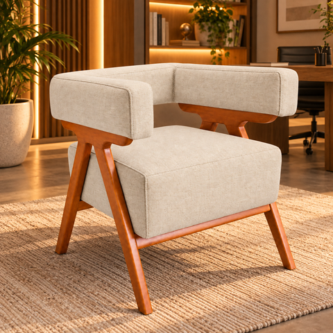 Poltrona Decorativa Mirela Linho Design Moderno Pés Madeira:Bege