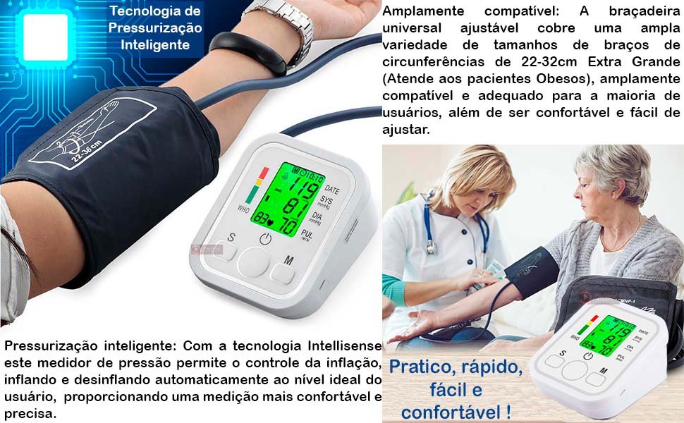 Medidor de Pressão Arterial Digital Automático de Braço com Voz Portugues e Tela Lcd - 10