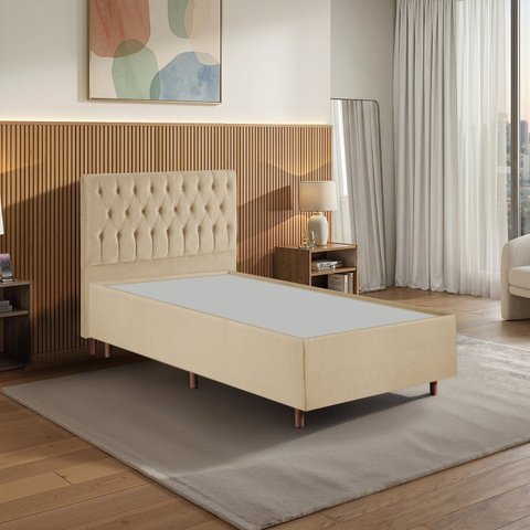 Kit Cama Box Solteiro e Cabeceira em Madeira Maciça Estofada Espresso Móveis Bege/Veludo