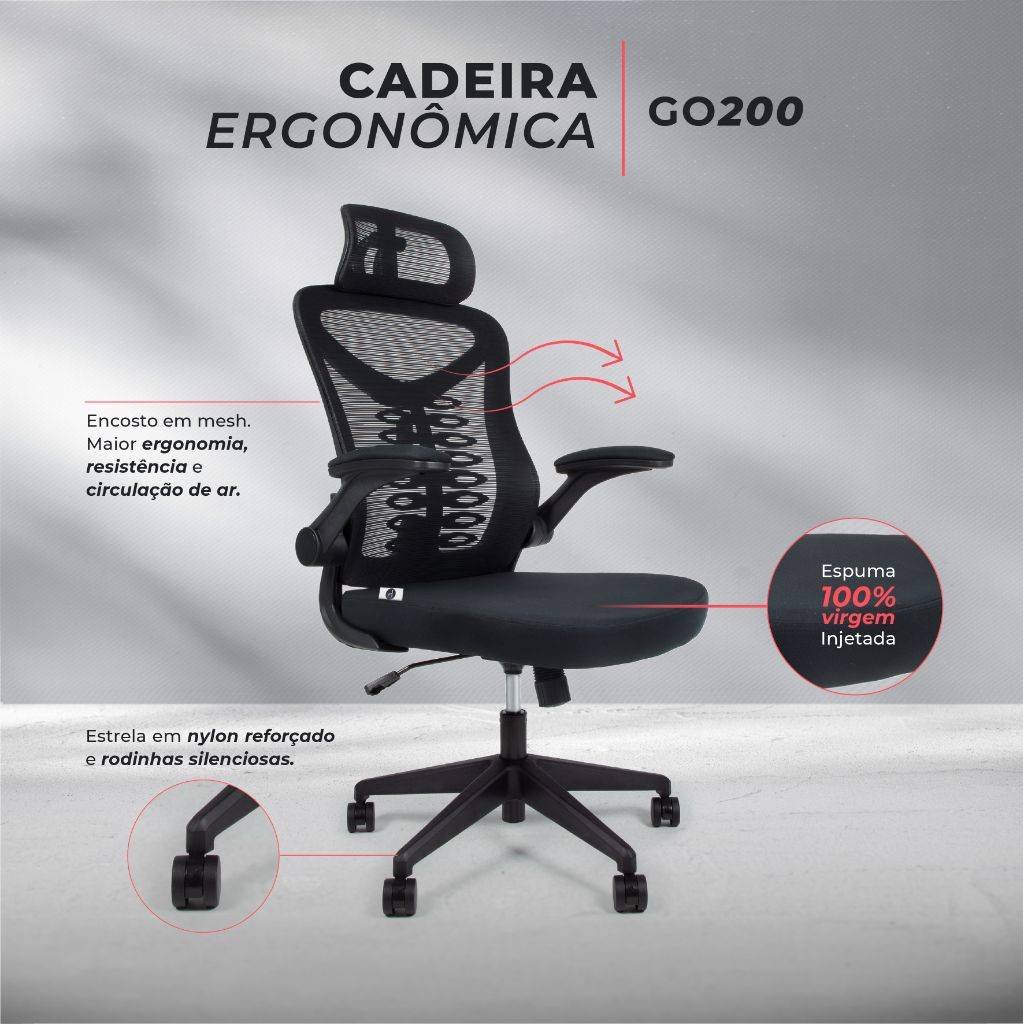 Cadeira Escritório Ergonômica Gogo Premium Chair Go200 - Preta - 8