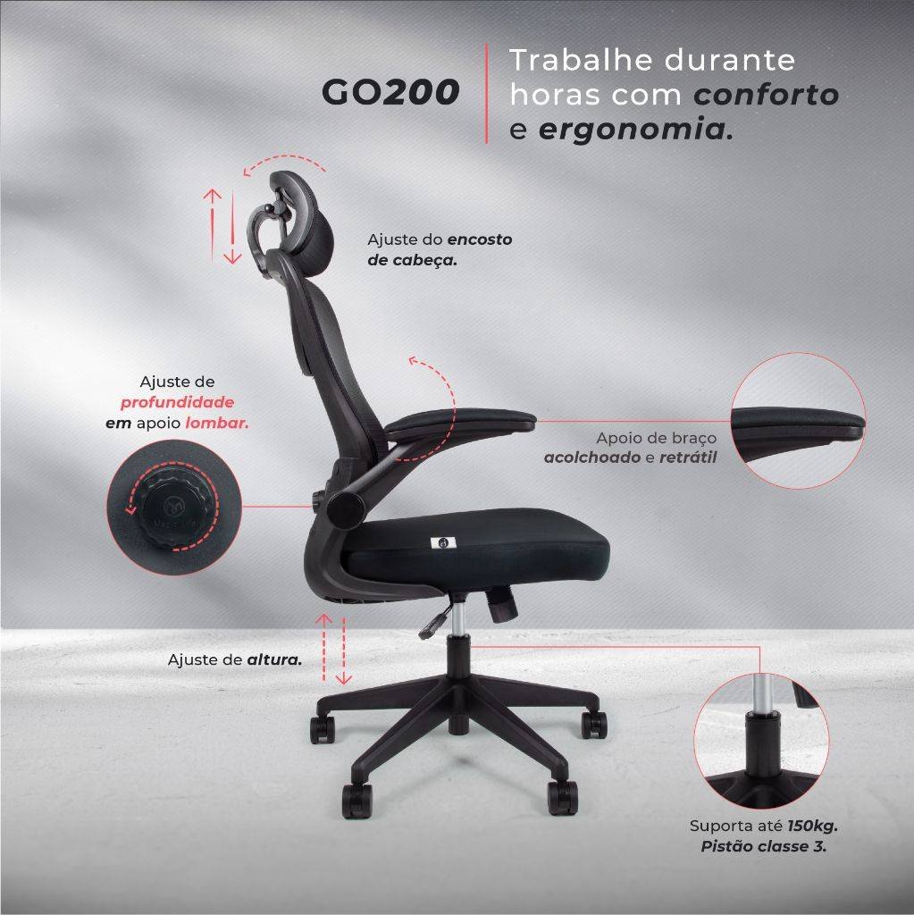 Cadeira Escritório Ergonômica Gogo Premium Chair Go200 - Preta - 9