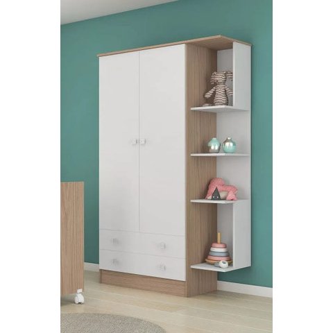 Guarda Roupa Infantil 2 Portas Com Cantoneira e Nicho 2 Gavetas Doce Sonho Branco / Carvalho