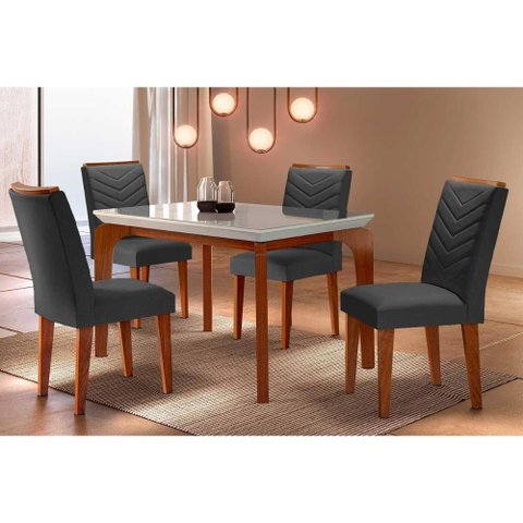 Sala de Jantar Completa Londrina Tampo Madeirado C/ Vidro Curvo 120x80 e 4 Cadeiras Londrina Imbuia