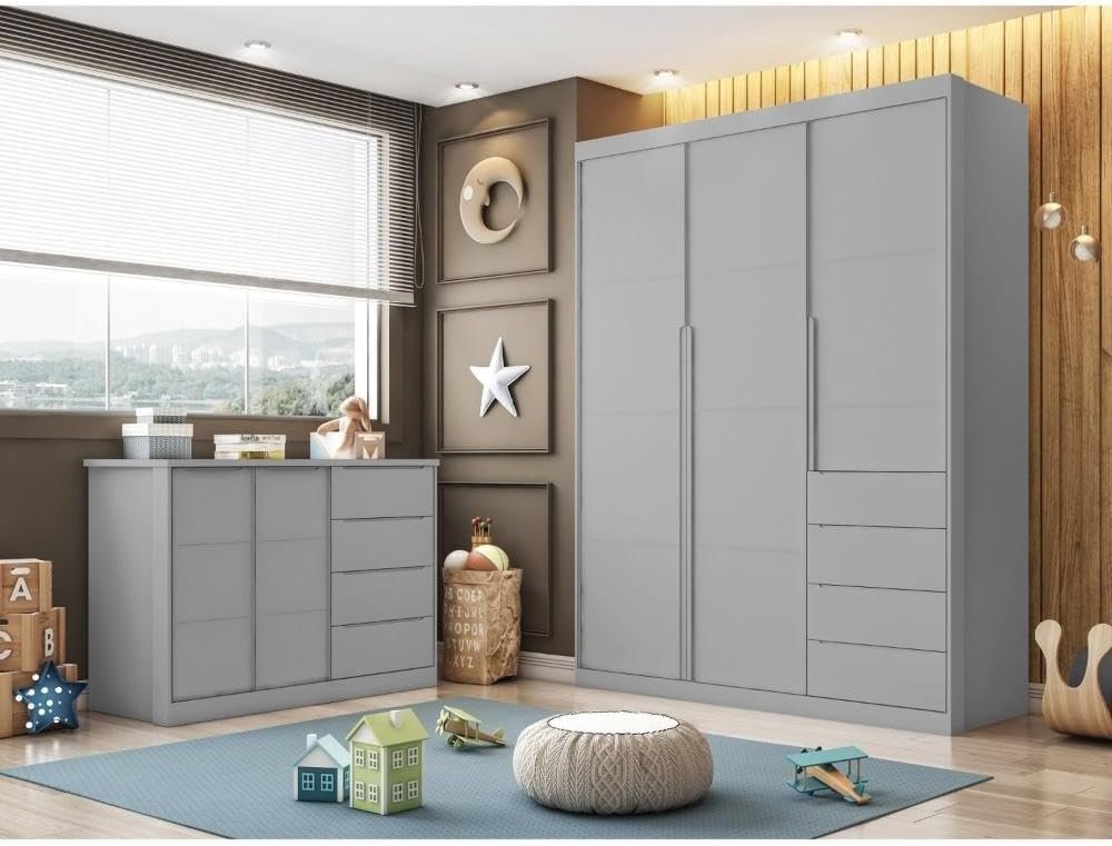 Conjunto Quarto Infantil Pérola com Guarda Roupa 3 Portas 4 Gavetas e Cômoda Cinza - Phoenix Baby